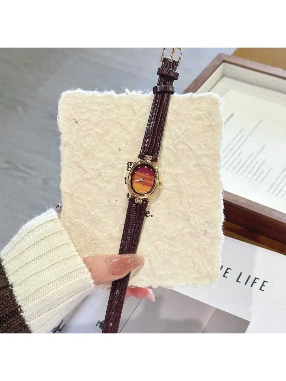 Women's Brown Gold Fashion Small Oval Quartz Leather Band Minimalist Wrist Watch